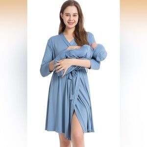 Maternity robe and swaddle and baby hat